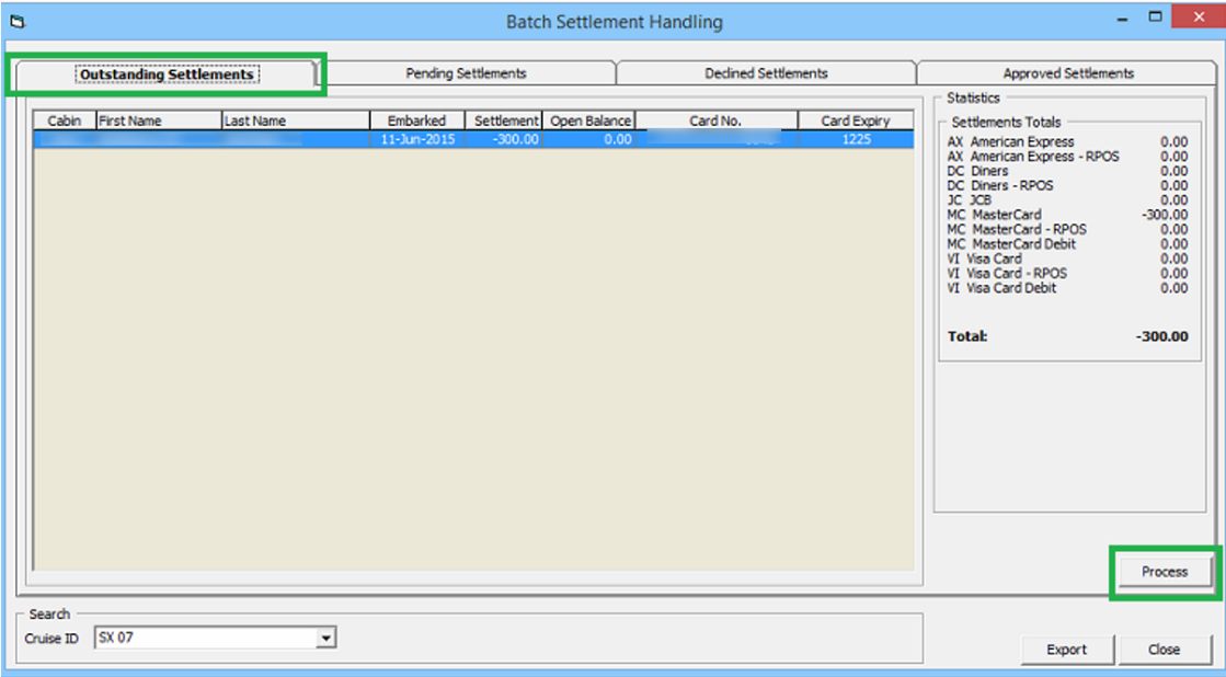 This figure shows the Management, Batch Settlement — Outstanding Settlement Tab
