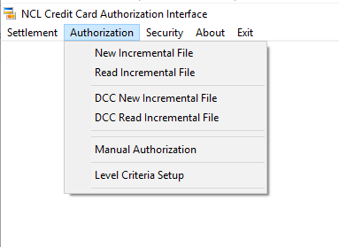 This figure shows the OHC Credit Card Transfer — Authorization Menu