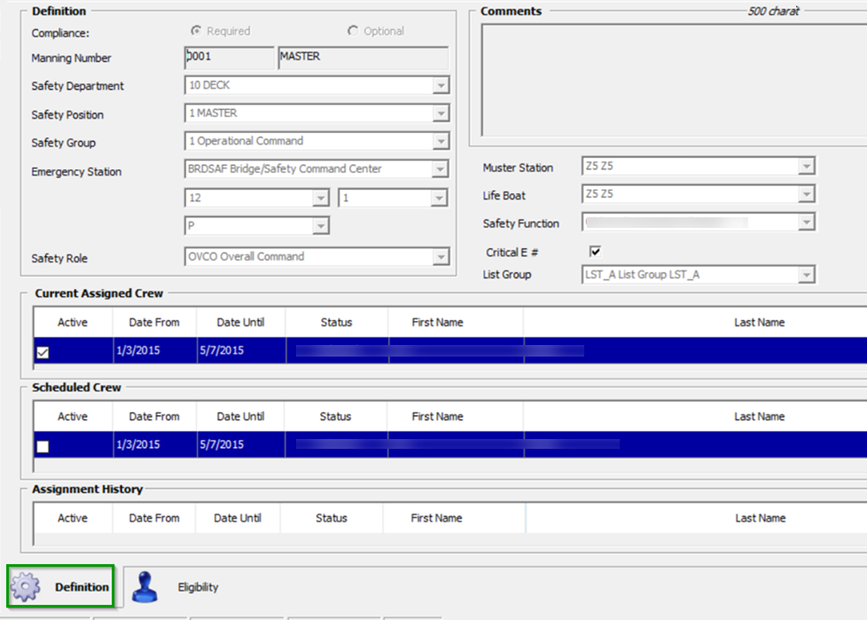 This figure shows the Muster List Setup Definition Tab This figure shows the Muster List Setup Definition Tab