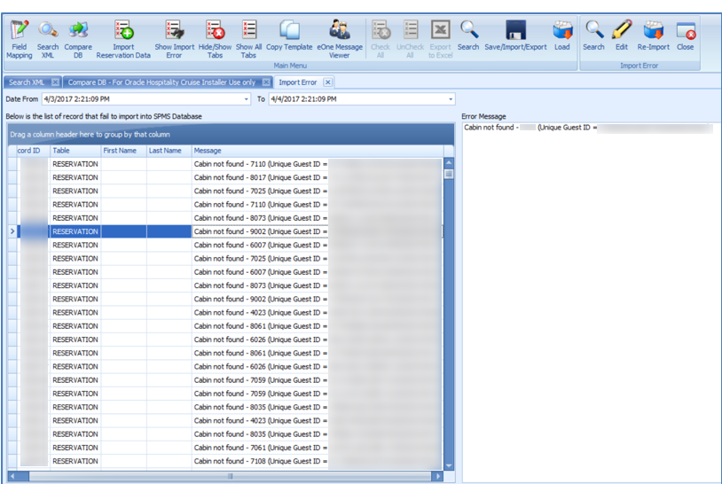 This figure shows the Import Error Windows where any errors encountered during the import is presented.