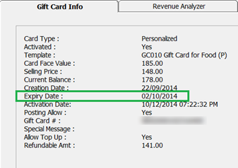 This figure shows the Gift Card Expiration Information This figure shows the Gift Card Expiration Information