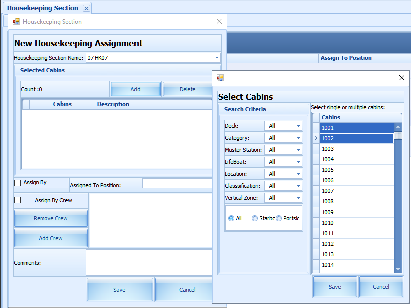 The figure shows the Select Cabins form in front of the Housekeeping Section window.