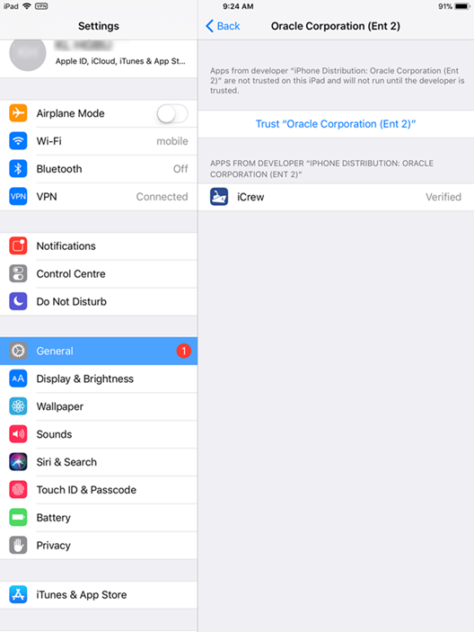 This figure shows the device Settings page where you verify if the application is installed.