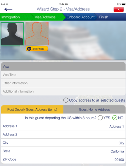 This figure shows the Wizard Step 2 page that contains the Visa/Address information.