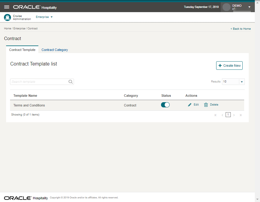 This figure shows the Contract Template and list the template created.