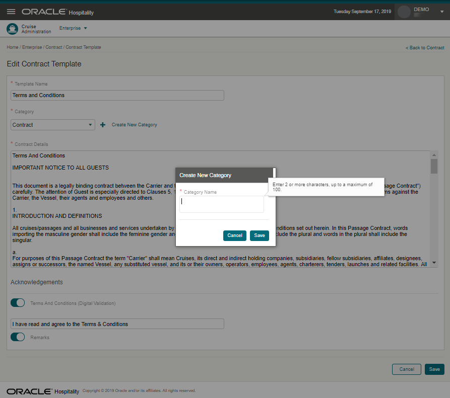 This figure shows the new Contract Template, Create New Category option.