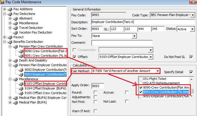 The figure shows the Pay Code Maintenance window where you can use the process Employer Contribution by Tier Level.