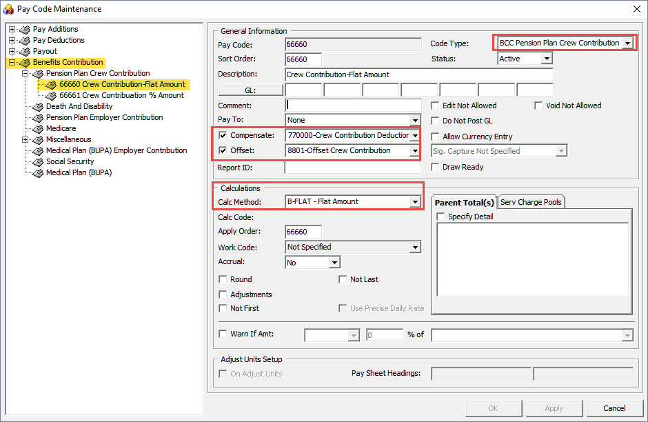 The figure shows the Pay Code Maintenance window where you can use the process Flat Amount Contribution.