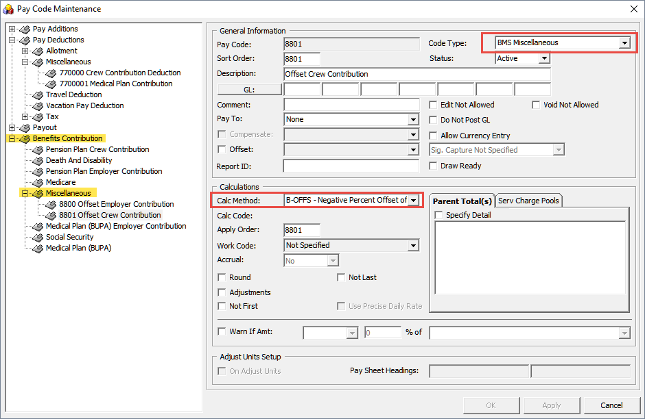 The figure shows the Pay Code Maintenance window where you can use the process Miscellaneous Benefits Contribution.