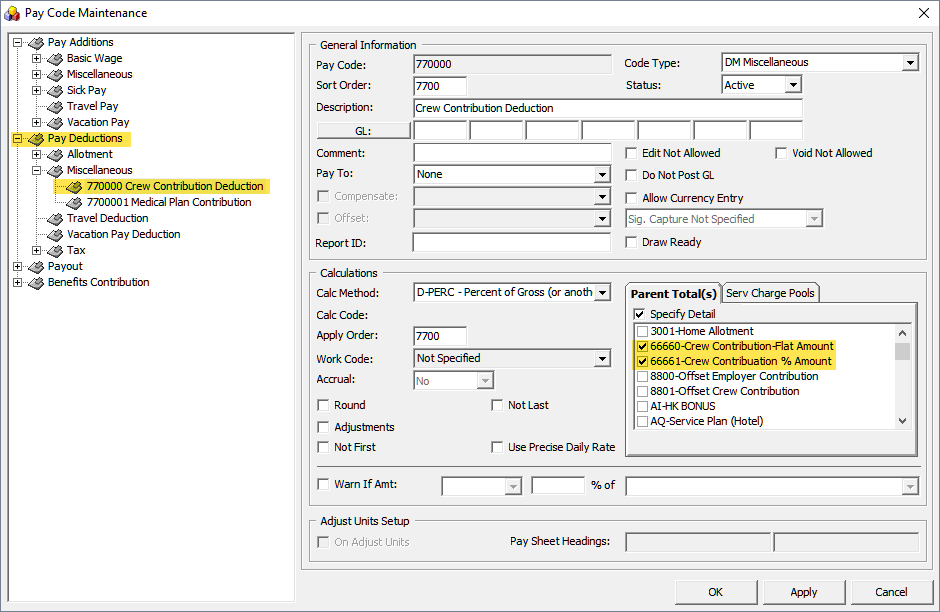 The figure shows the Pay code Maintenance form where you can link Contribution Pay Codes to Pay Deductions.
