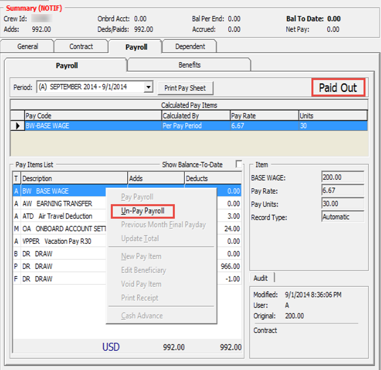 The figure shows the Payout form.