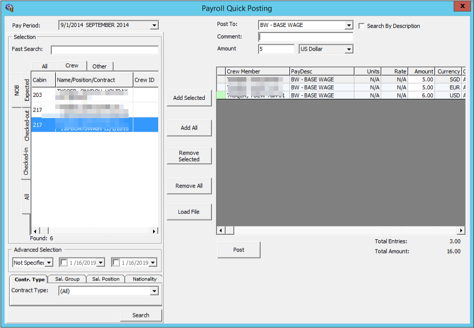 The figure shows the Payroll Quick Posting window.