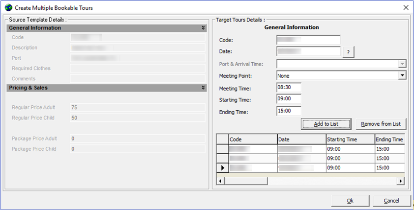 This figure shows the Create Multiple Bookable Tours window where you can set up multiple tours from one location.