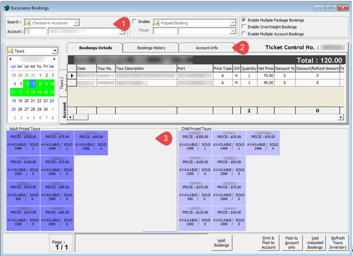 This figure shows the main excursion bookings window, where excursion availability and prices is shown.