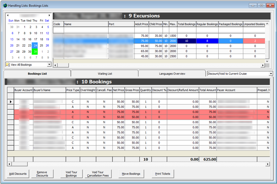 This figure shows the Handling List window containing the excursions, booking list, waiting list, language overview tab.