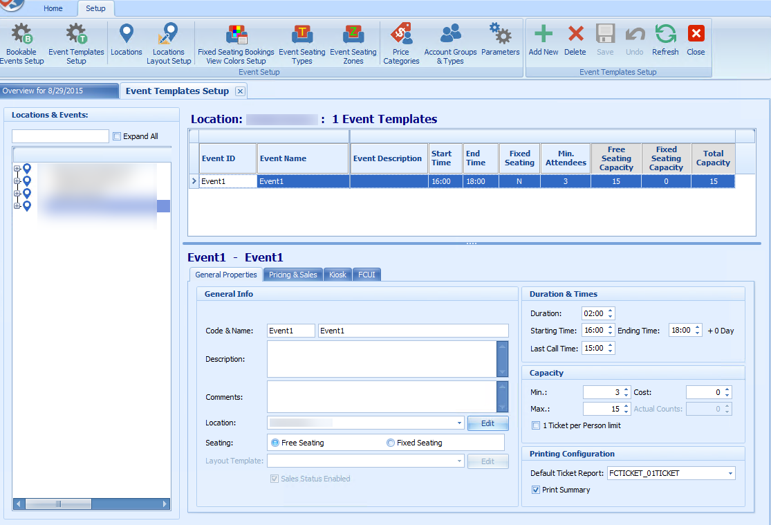 This figure shows the configuration window of Event Templates Setup