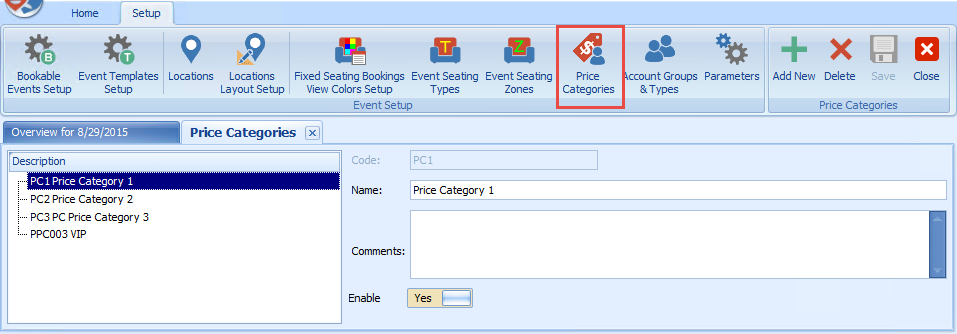 This figure shows the Price Categories setup window.