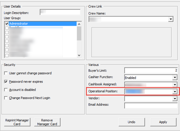 This figure shows the Operational Position configuration in User Access Settings.