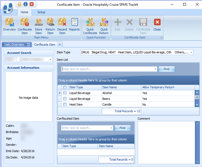 This figure shows the Confiscate Item Account Search