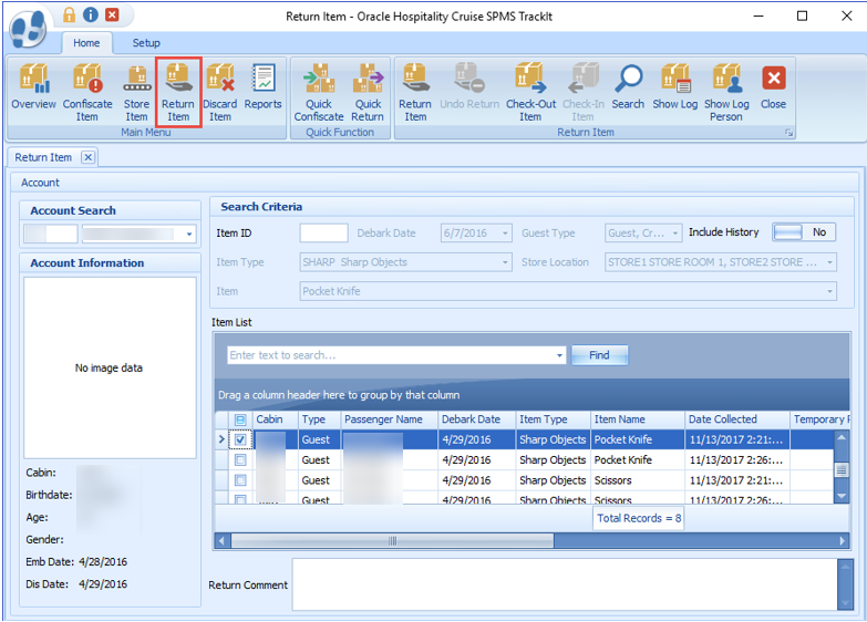 This figure shows the Return Item Main Window