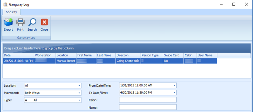 This figure shows the Gangway Log function which enable you to retrieve movement logs.