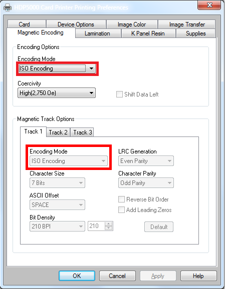 This figure shows the Printer Settings for RFID Crd