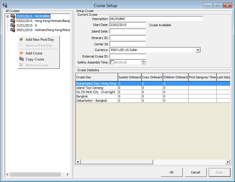 This figure shows the Cruise Setup for each cruise, the start date, base currency accepted.