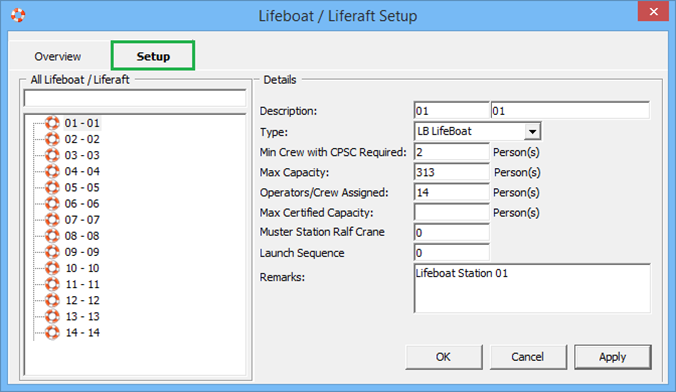 This figure shows Lifeboat/Liferaft set up window.