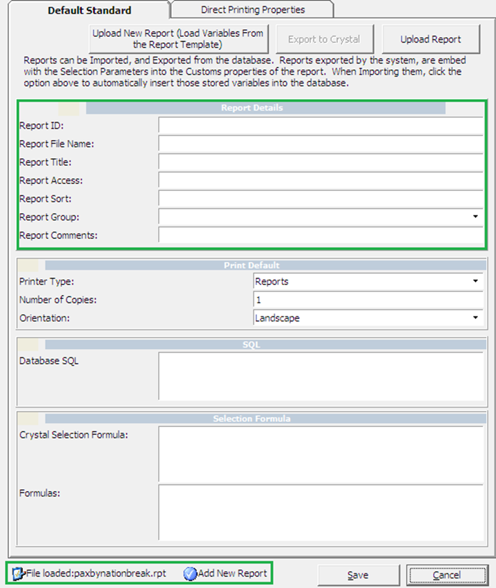 This figure shows the Default Standard tab you must fill up when creating a report.