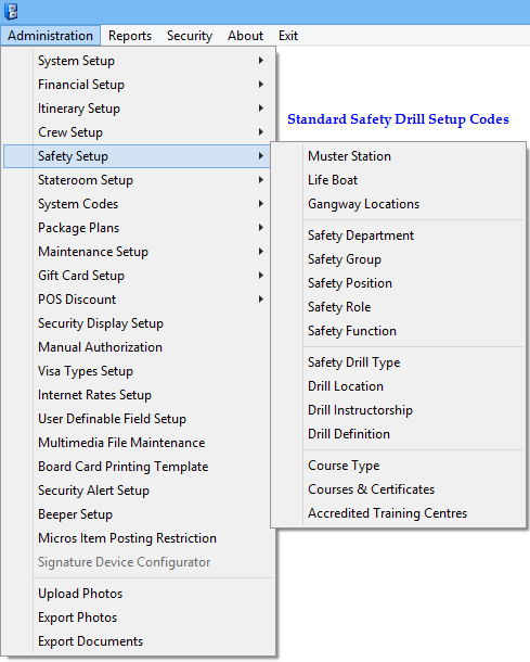 This figure shows the Standard Safety Drill Setup Codes.