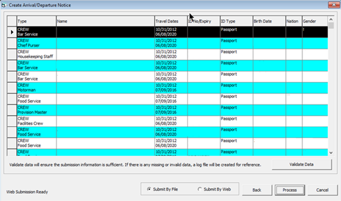 This figure shows the list of data to validate in Create Arrival/Departure Notice.