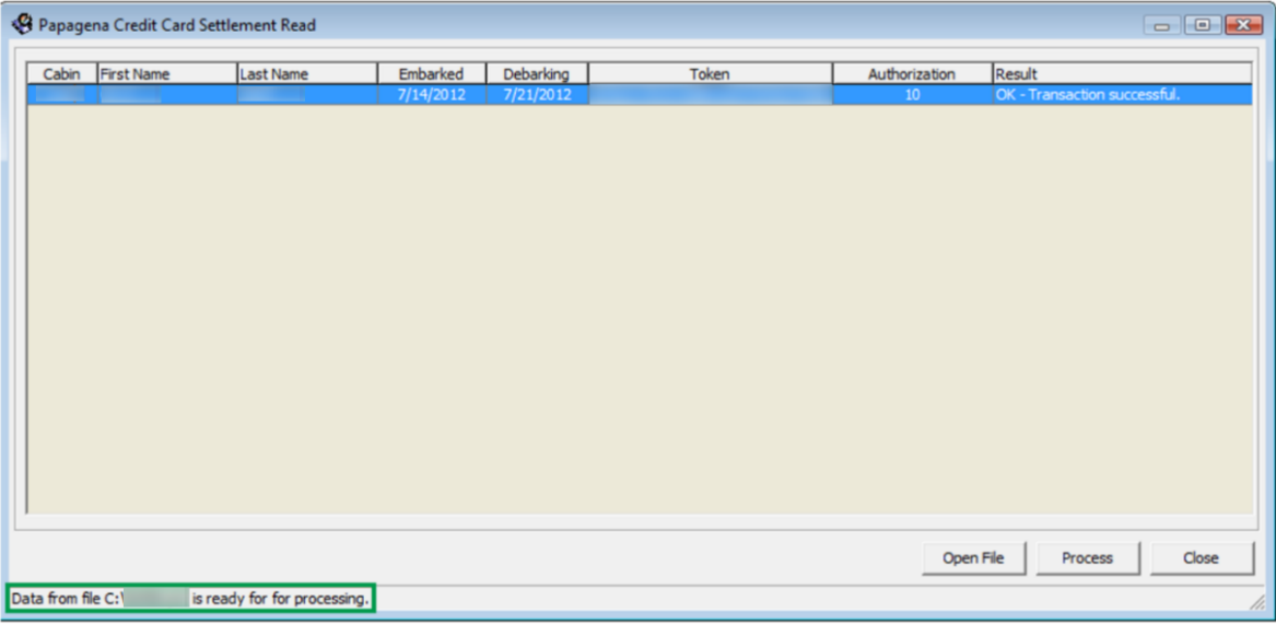 This figure shows the Credit Card Transfer — Settlement Read Screen (Ready to Process)