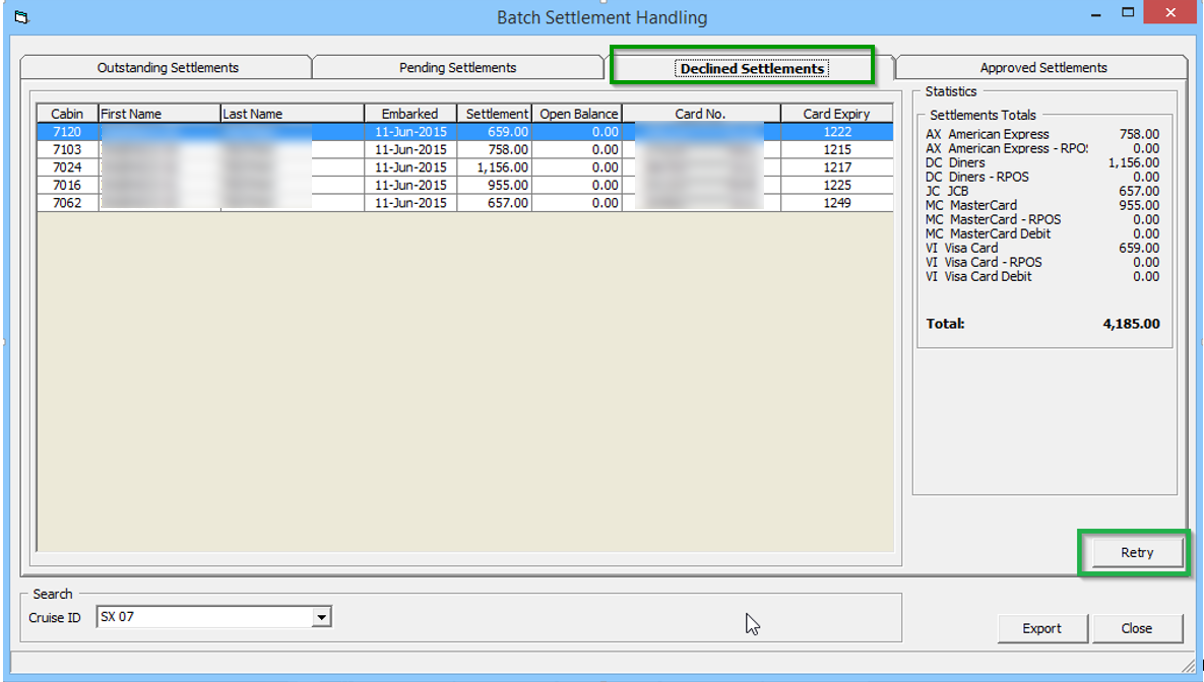 This figure shows the Declined Settlement Tab