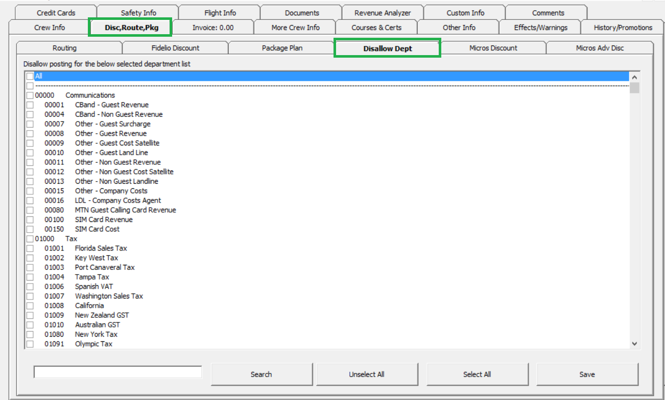 This figure shows the Disallow Department tab