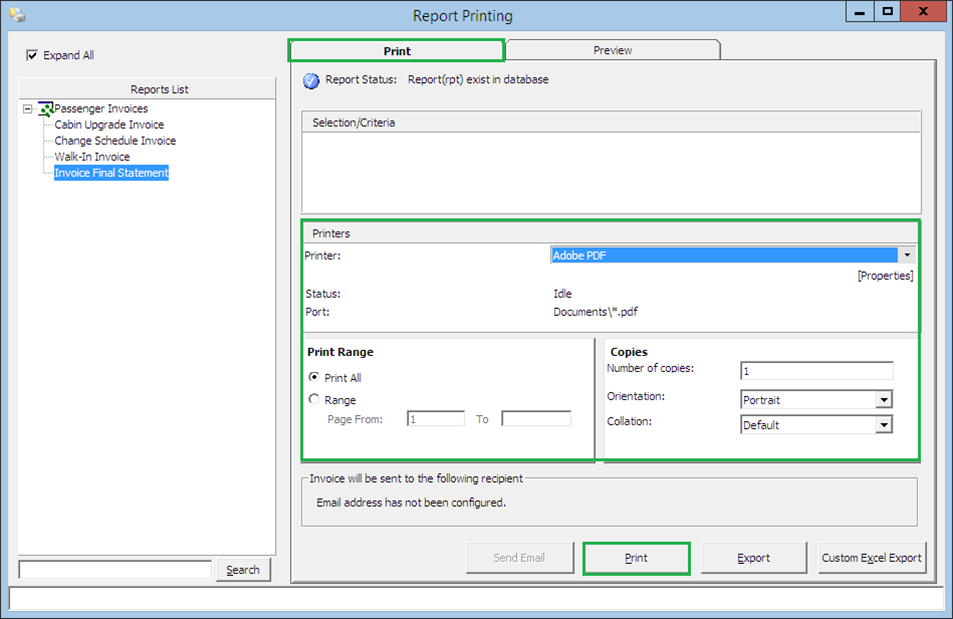 This figure shows the Print Invoice Window