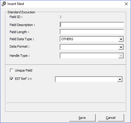 This figure shows the Insert Next window of Standard Code Type Data Fieds.