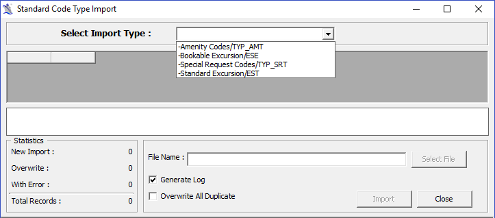 This figure shows the import window for Standard Code Type