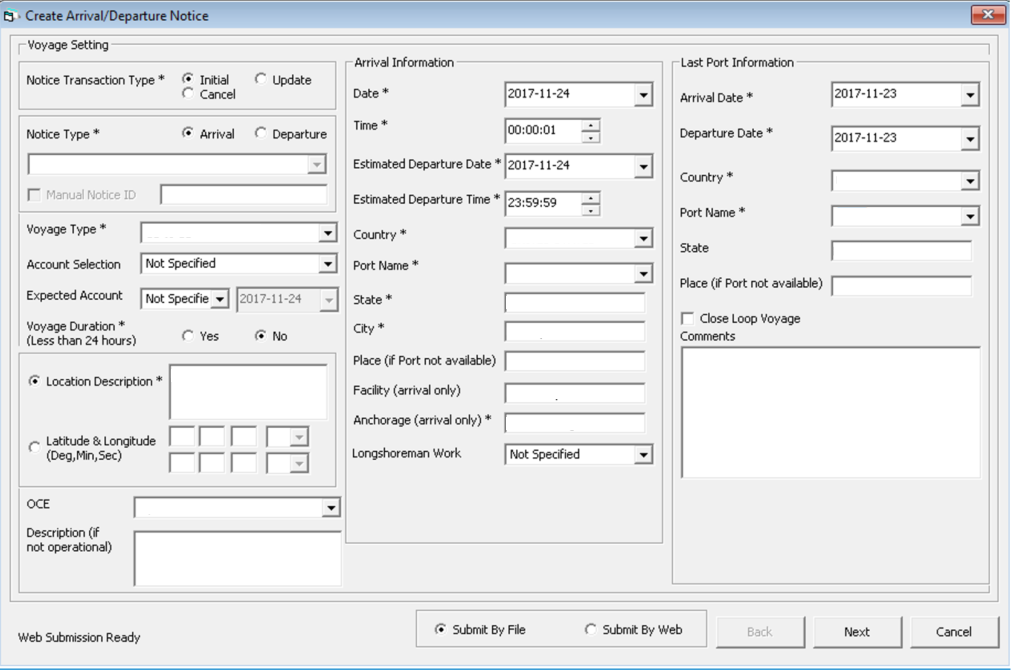 This figure shows the Create Arrival/Departure Notice window.