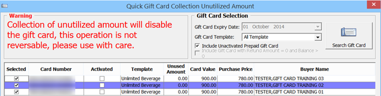 This figure shows the Gift Card Quick Collect