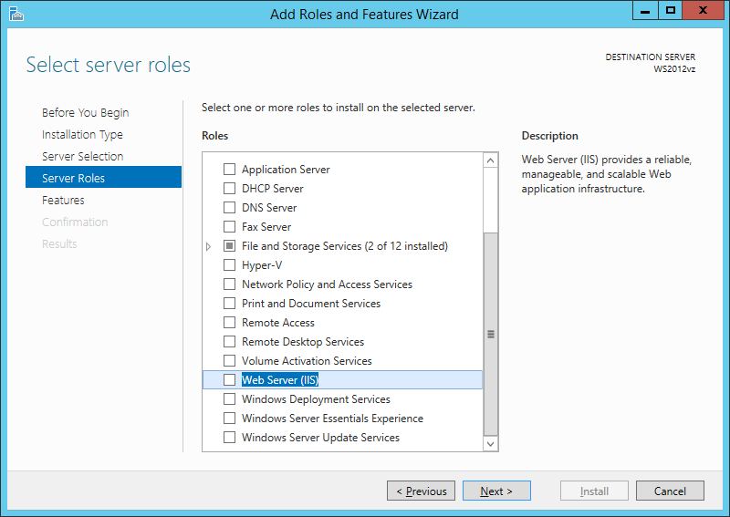 This figure shows the available Server Roles in Add Roles and Features Wizard.