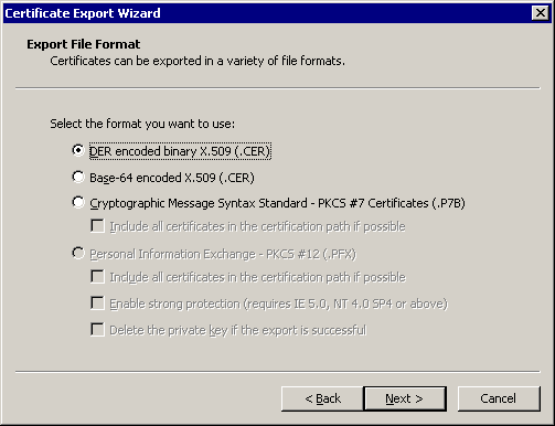 This figure shows the Certificate Export Wizard —Export File Format