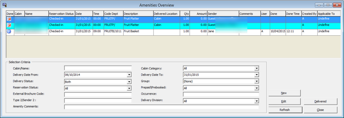 This figure shows the Amenities Overview Window