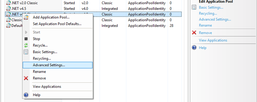 This figure shows the Application Pool Settings and its options.