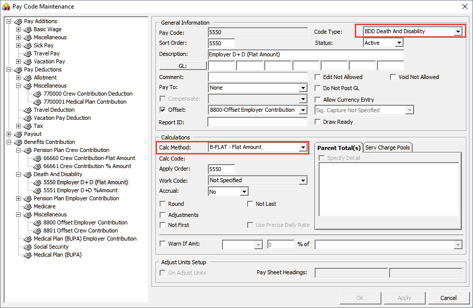 The figure shows the Pay Code Maintenance window where you can use the process Death and Disability Contributions.