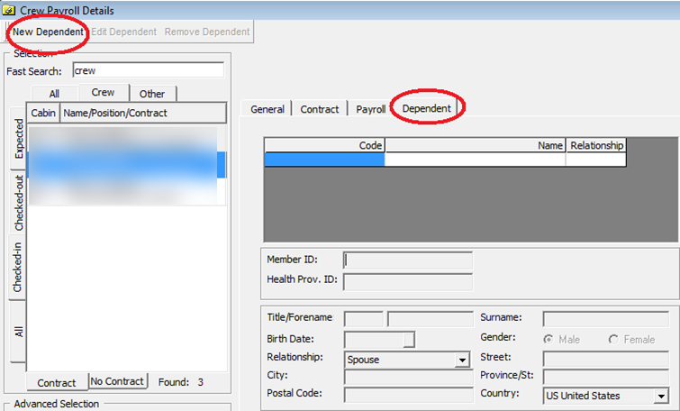 The figure shows the Crew Payroll Details window with Dependent Information.