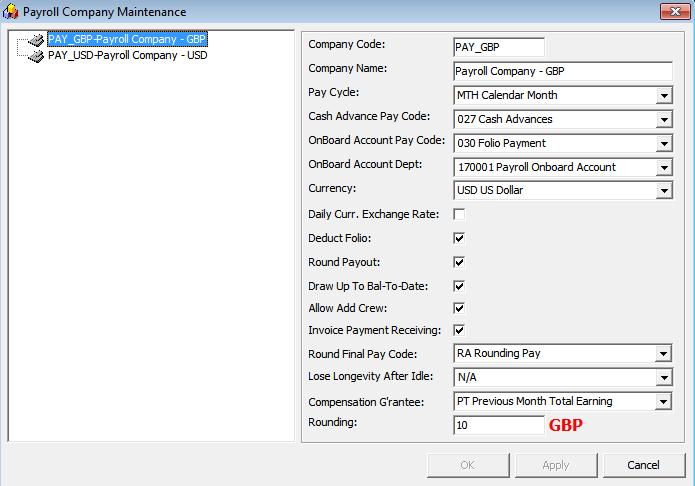 The figure shows the Payroll Company Maintenance window.