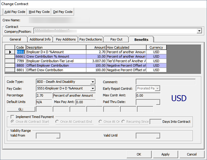 The figure shows the Change Contract window where you can define a Pension Plan with Percentage Amount.