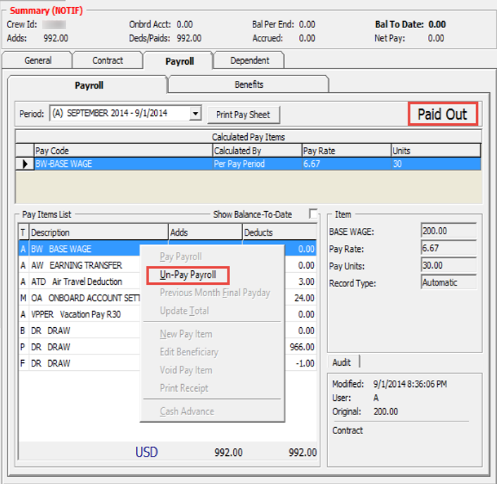 The figure shows the Un-Pay Payroll option.