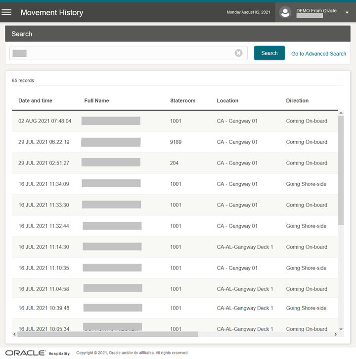 This figure shows the Movement History Page This figure shows the Movement History Page