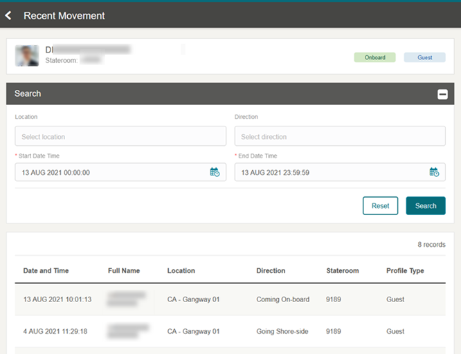 This figure shows the Recent Movement History page